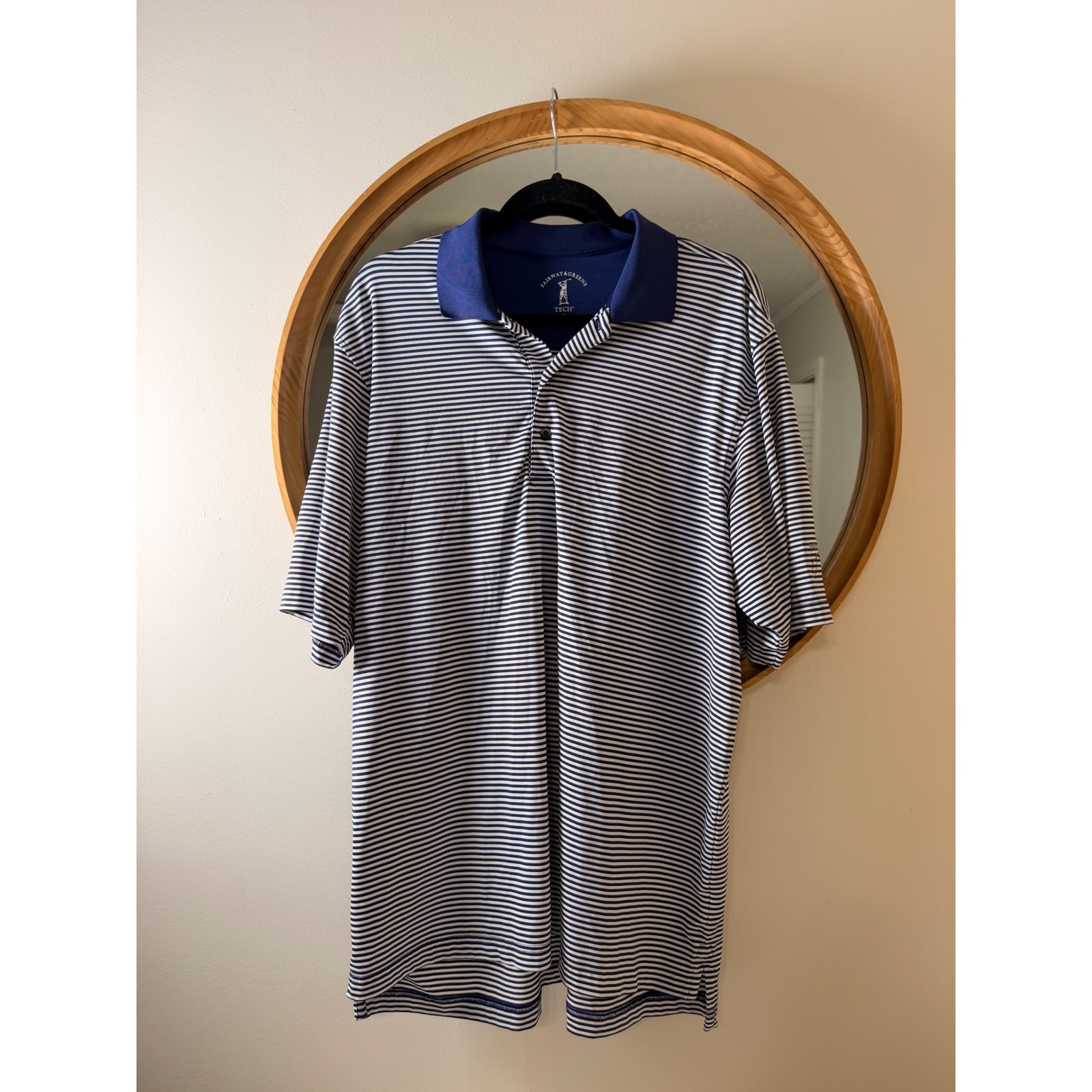 Fairway  Greene Polo Shirt Mens Large Blue White Excellent Striped Tech Golf